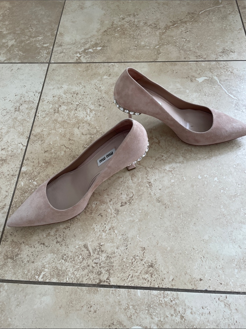 Miu Miu nude Suede Pointed Toe with Crystal-Embellished Heel